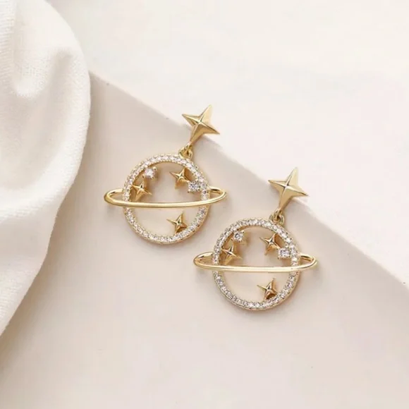 Crystal Planet Saturn and Gold Stars Dangle Earrings - Picture 7 of 16